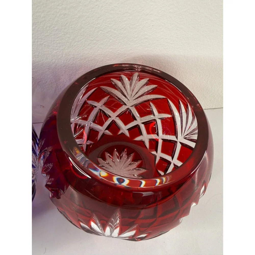 Faberge Crystal Votive Candle Holders Ruby Red Cobalt Blue Cut Clear Signed Pair